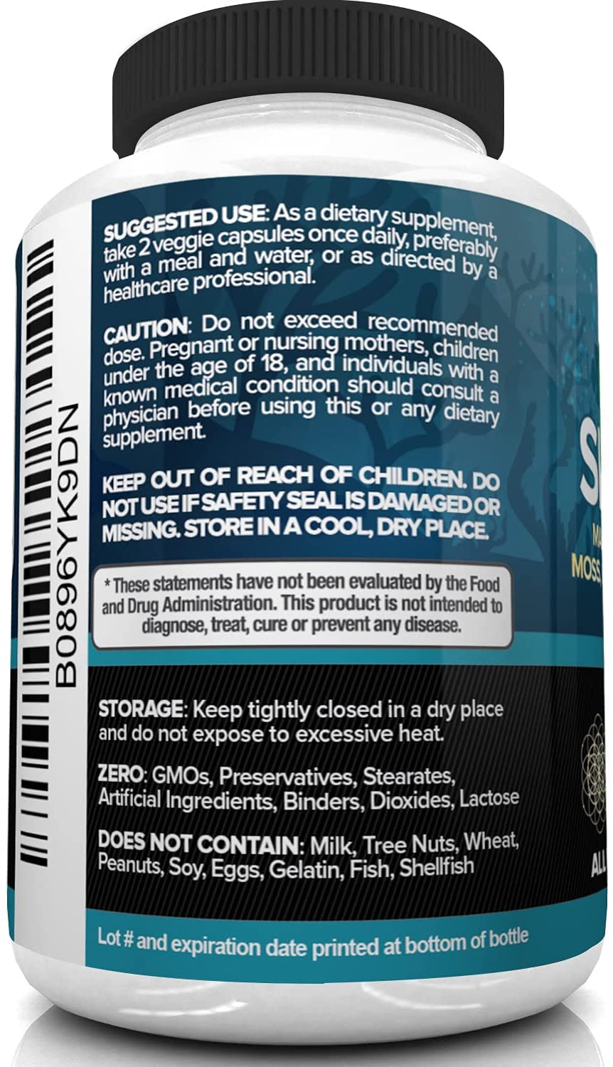 Organic Sea Moss 1600Mg plus Bladderwrack & Burdock - 120 Capsules - Prebiotic Super Food Boosts the Immune System & Digestive Health - Thyroid, Healthy Skin, Keto Detox, Gut, Joint Support