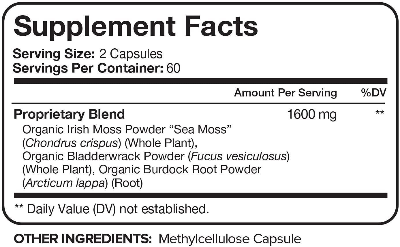 Organic Sea Moss 1600Mg plus Bladderwrack & Burdock - 120 Capsules - Prebiotic Super Food Boosts the Immune System & Digestive Health - Thyroid, Healthy Skin, Keto Detox, Gut, Joint Support