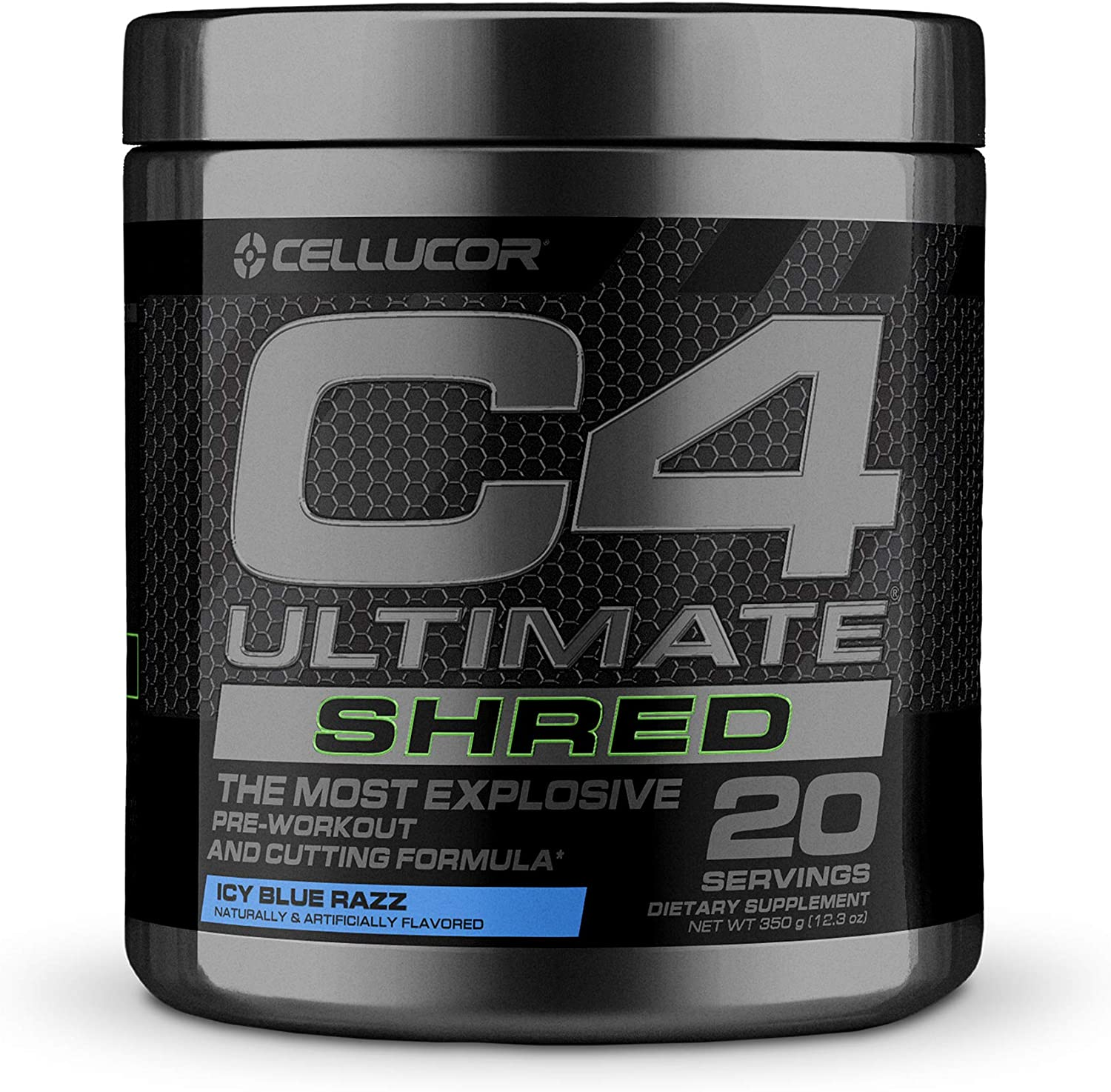 C4 Ultimate Shred Pre Workout Powder, Fat Burner for Men & Women, Weight Loss Supplement with Ginger Root Extract, Icy Blue Razz, 20 Servings