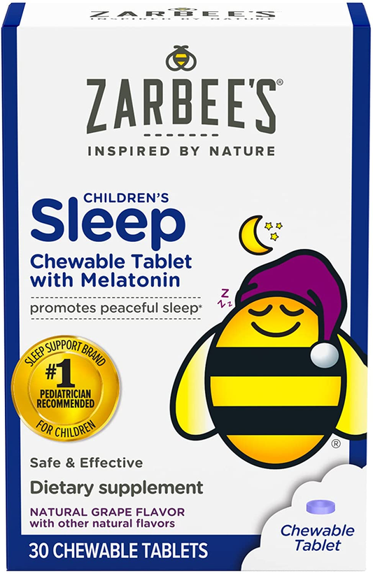 Zarbee'S Kids Melatonin, Chewable Children’S Sleep Supplement, Drug-Free & Effective Nighttime Support, Natural Grape Flavor, 30 Ct