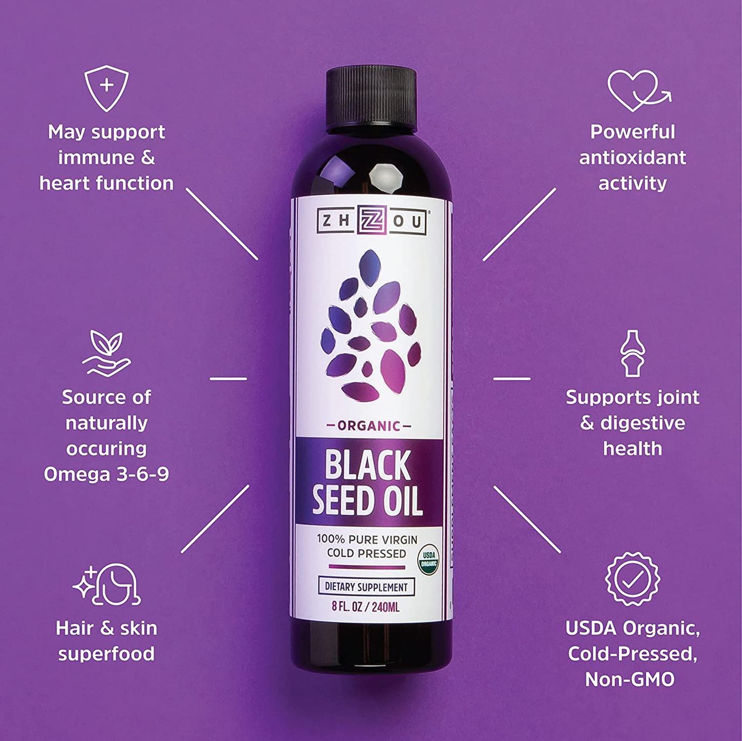 Zhou Organic Black Seed Oil | 100% Virgin Cold Pressed Omega 3 6 9 | Super Antioxidant for Immune Support, Joints, Digestion, Hair & Skin | Vegan, Gluten-Free, Non-Gmo | 8Oz