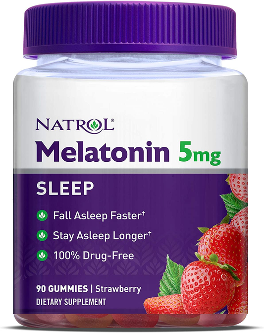 Melatonin Sleep Aid Gummy, Fall Asleep Faster, Stay Asleep Longer, 100% Drug and Gelatin Free, Non-Gmo, 5Mg, 90 Strawberry Flavored Gummies