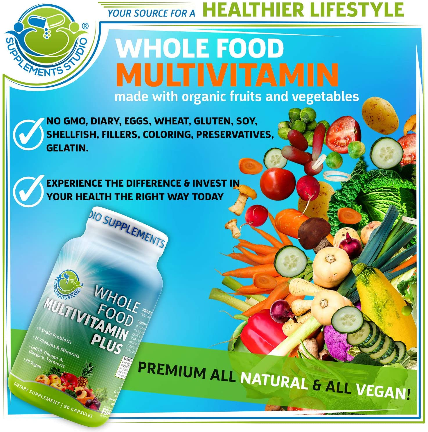 Daily Vegan Whole Food Multivitamin plus for Men & Women, with Iron, Organic Fruits and Vegetables, B-Complex, Probiotics, Enzymes, Coq10, Omegas, Turmeric, All Natural, Non-Gmo