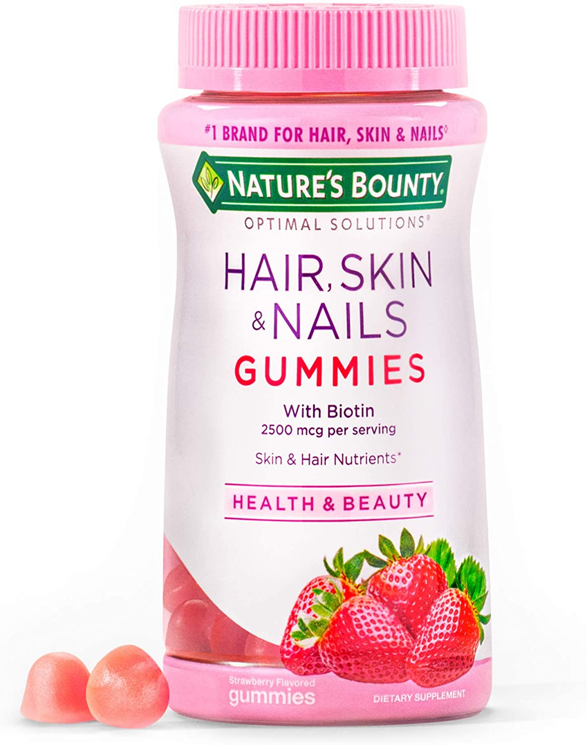 Hair Skin and Nails Vitamins with Biotin & Vitamin C by  Optimal Solutions, Hair Skin and Nails Gummies - Strawberry Flavored, 80 Gummies (3 Pack ) 80 Count