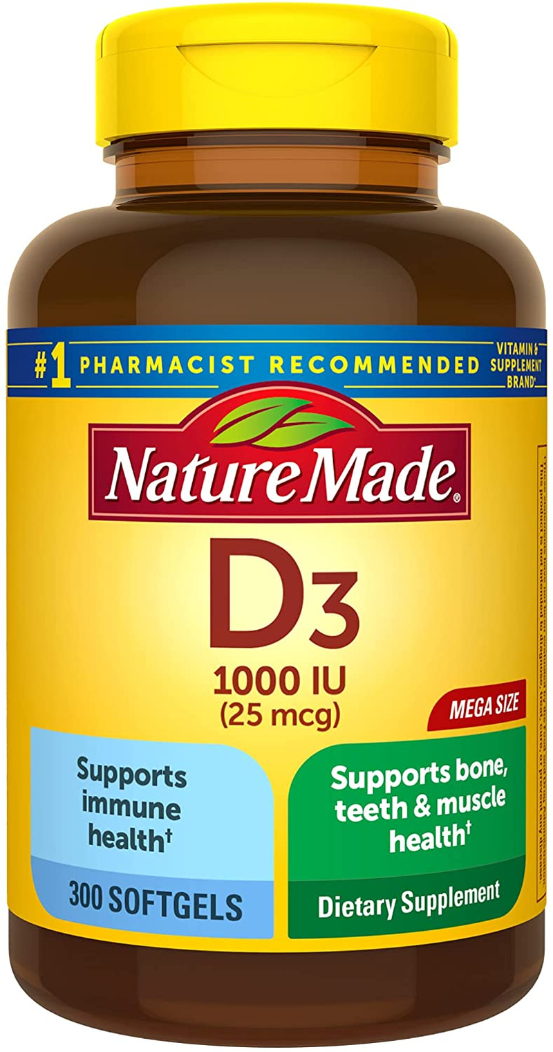 Vitamin D3, 300 Softgels, Vitamin D 1000 IU (25 Mcg) Helps Support Immune Health, Strong Bones and Teeth, & Muscle Function, 125% of the Daily Value for Vitamin D in One Daily Softgel