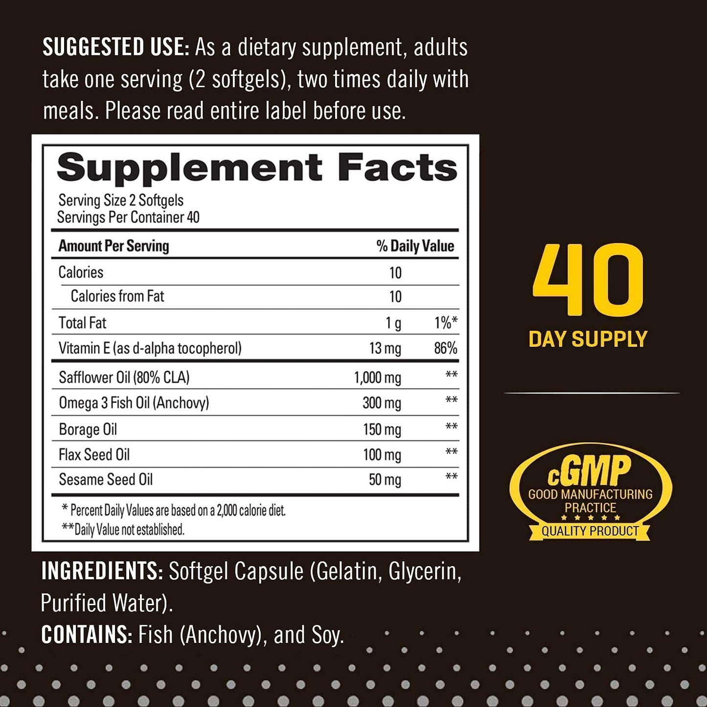 SST Ab Cuts CLA - 80 Soft Gels - for Men & Women, Non-Stimulant - Contains CLA, Omega 3, Flaxseed Oil and Vitamin E - Easy-To-Swallow