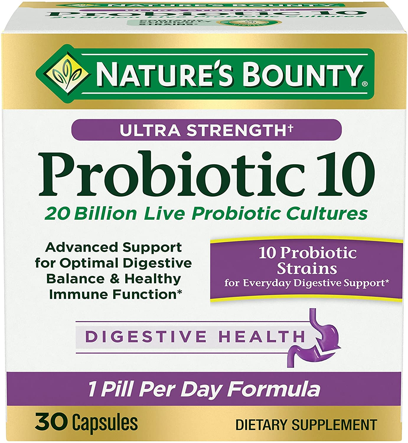 Nature’S Bounty Probiotic 10, Ultra Strength Daily Probiotic Supplement, Support for Digestive, Immune and Upper Respiratory Health, 1 Pack, 30 Capsules