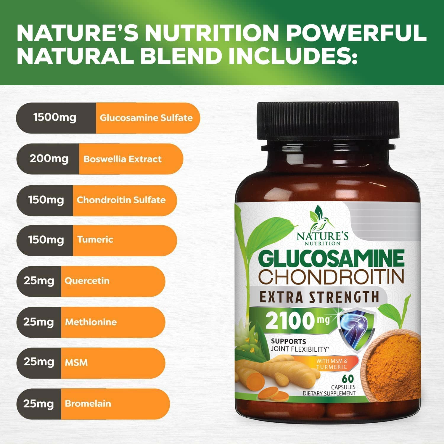 Glucosamine with Chondroitin Turmeric Supplement, Triple Strength Standardized 2100Mg with Boswellia & Bromelain - for Joint Support & Comfort - 60 Capsules