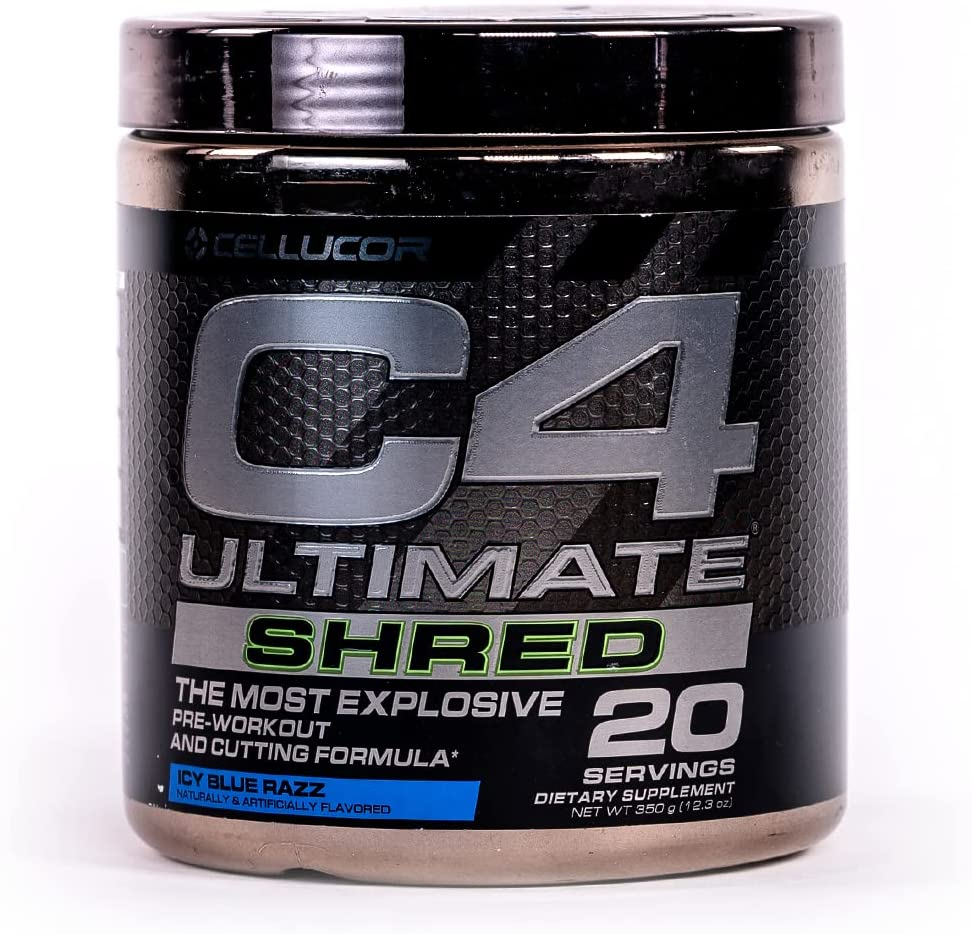 C4 Ultimate Shred Pre Workout Powder, Fat Burner for Men & Women, Weight Loss Supplement with Ginger Root Extract, Icy Blue Razz, 20 Servings