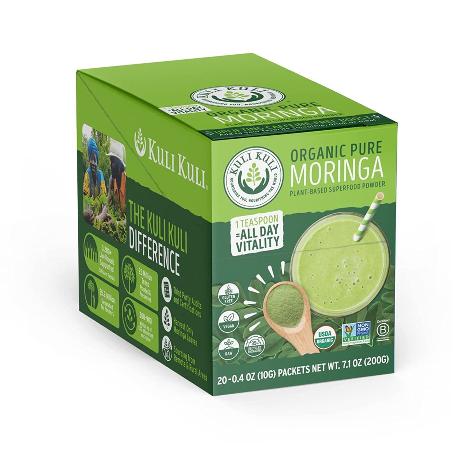 Moringa Oleifera Organic Leaf Powder & Green Smoothie, 100% Pure USDA Certified & Non-Gmo Moringa Powder, Great with Smoothies, Tea, and Food, 0.4 Ounce, Pack of 20 (KK_PM)