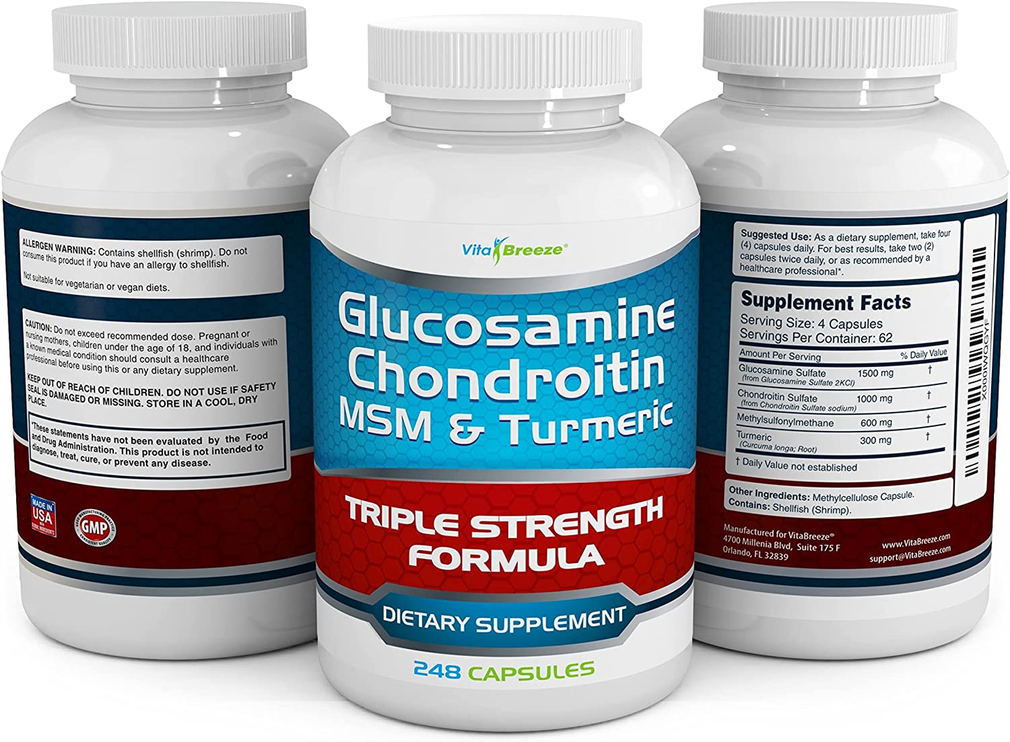 Glucosamine Chondroitin, MSM & Turmeric Dietary Supplement - 248 Capsules