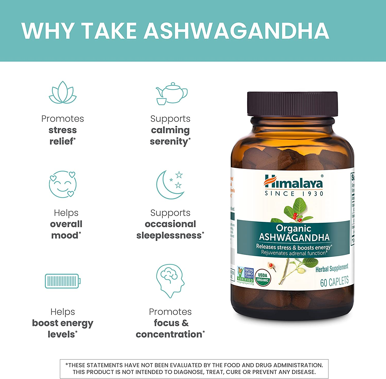 Organic Ashwagandha, 2 Month Supply for Stress Relief, USDA Certified Organic, Non-Gmo, Gluten-Free Supplement, 100% Ashwagandha Powder & Extract, 670 Mg, 60 Caplets