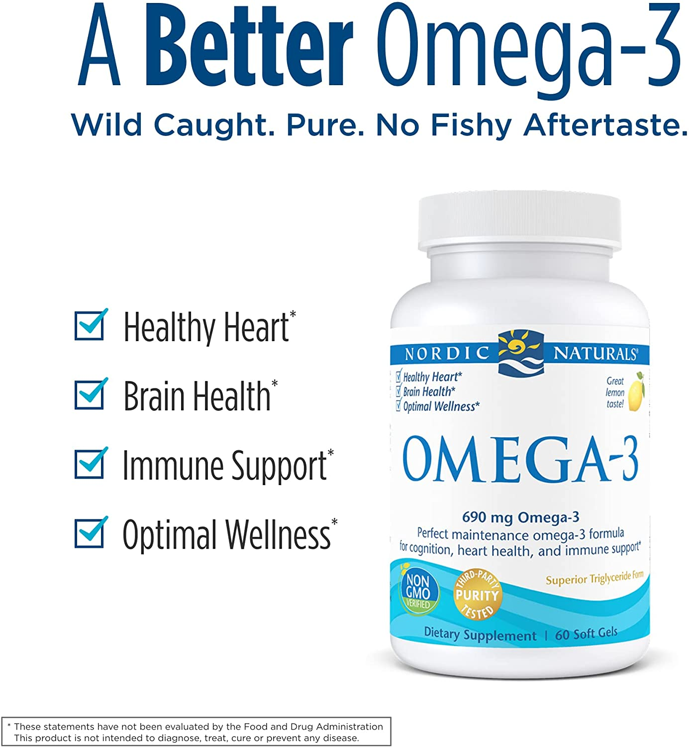 Omega-3, Lemon Flavor - 690 Mg Omega-3-60 Soft Gels - Fish Oil - EPA & DHA - Immune Support, Brain & Heart Health, Optimal Wellness - Non-Gmo - 30 Servings