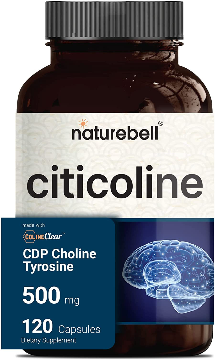 Citicoline Supplements, CDP Choline, Citicoline 500Mg plus Tyrosine 50Mg per Serving, Optimized Dosage, 120 Capsules, 2 in 1 Formula, Dual Action Brain Supplement, Non-Gmo