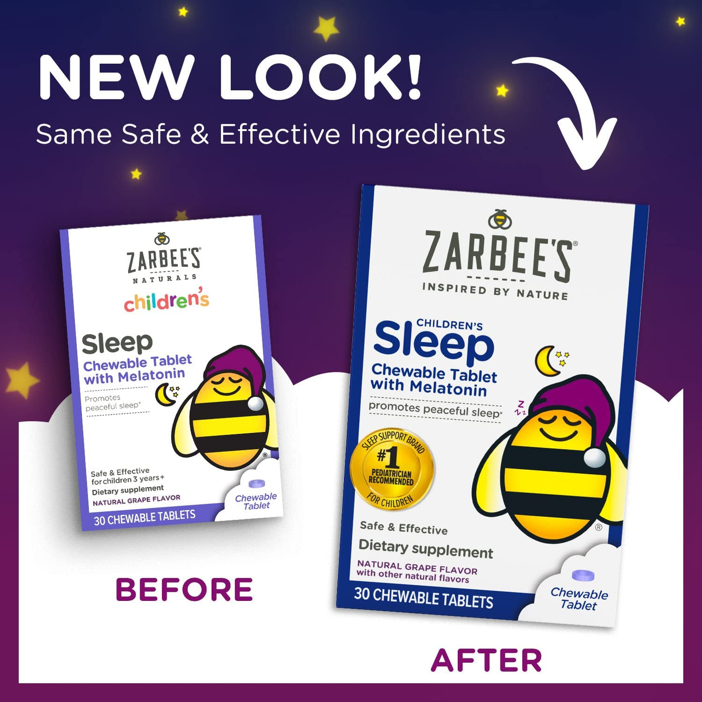 Zarbee'S Kids Melatonin, Chewable Children’S Sleep Supplement, Drug-Free & Effective Nighttime Support, Natural Grape Flavor, 30 Ct