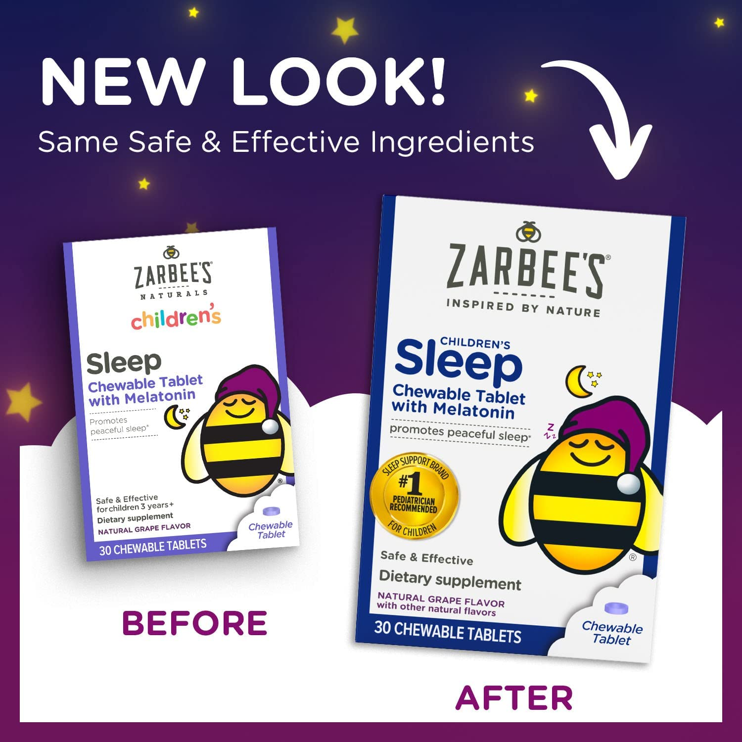 Zarbee'S Kids Melatonin, Chewable Children’S Sleep Supplement, Drug-Free & Effective Nighttime Support, Natural Grape Flavor, 30 Ct