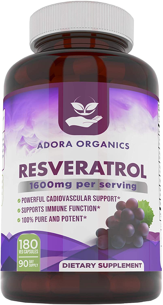 Adora Organics Resveratrol 1600Mg, Trans-Resveratrol Antioxidant Supplement with Green Tea, Grape Seed Extract and Quercetin, Helps to Support Digestive Health and Immune System, 180 Capsules