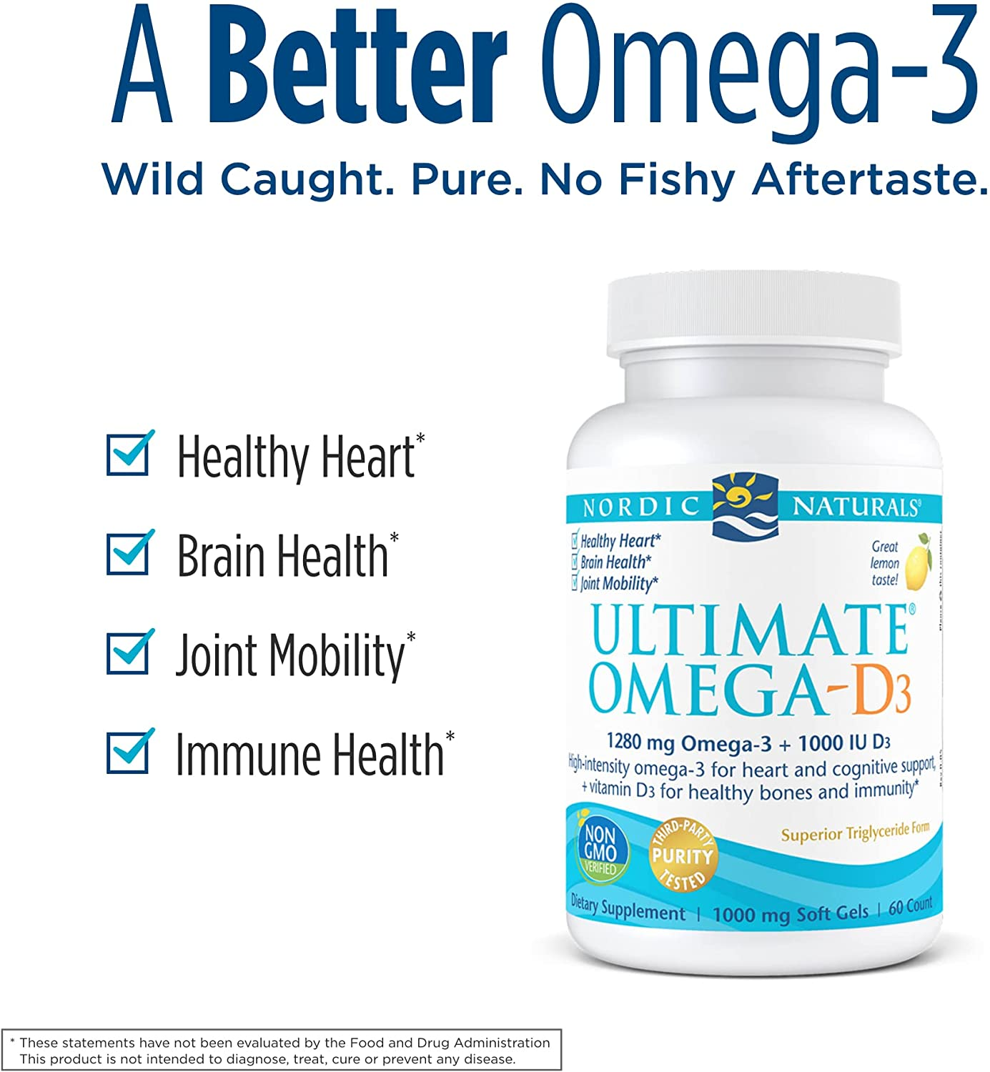 Ultimate Omega-D3, Lemon Flavor - 1280 Mg Omega-3 + 1000 IU Vitamin D3-60 Soft Gels - Omega-3 Fish Oil - EPA & DHA - Promotes Brain, Heart, Joint, & Immune Health - 30 Servings