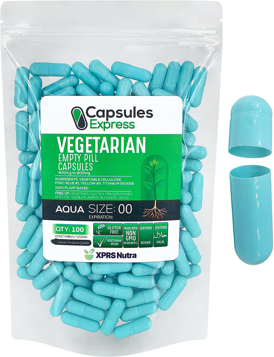 Size 00 Empty Capsules - 100 Count Empty Vegan Capsules - Capsules Express Vegetarian Empty Pill Capsules- DIY Vegetable Capsule Filling- Veggie Pill Capsules Empty Caps (Aqua)