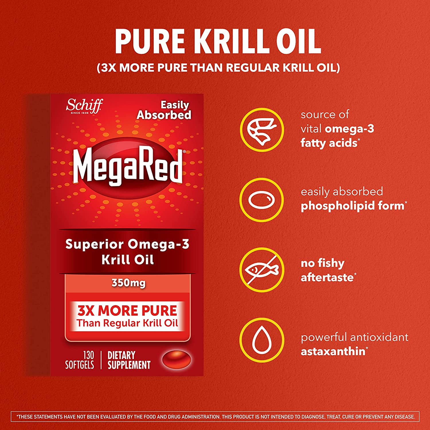 Antarctic Krill Oil 350Mg Omega 3 Fatty Acid Supplement, Megared EPA & DHA Krill Oil Softgels (130Cnt Box), Phopholipids, Antioxidant Astaxanthin, Heart Health Supplement with No Fish Oil Aftertaste