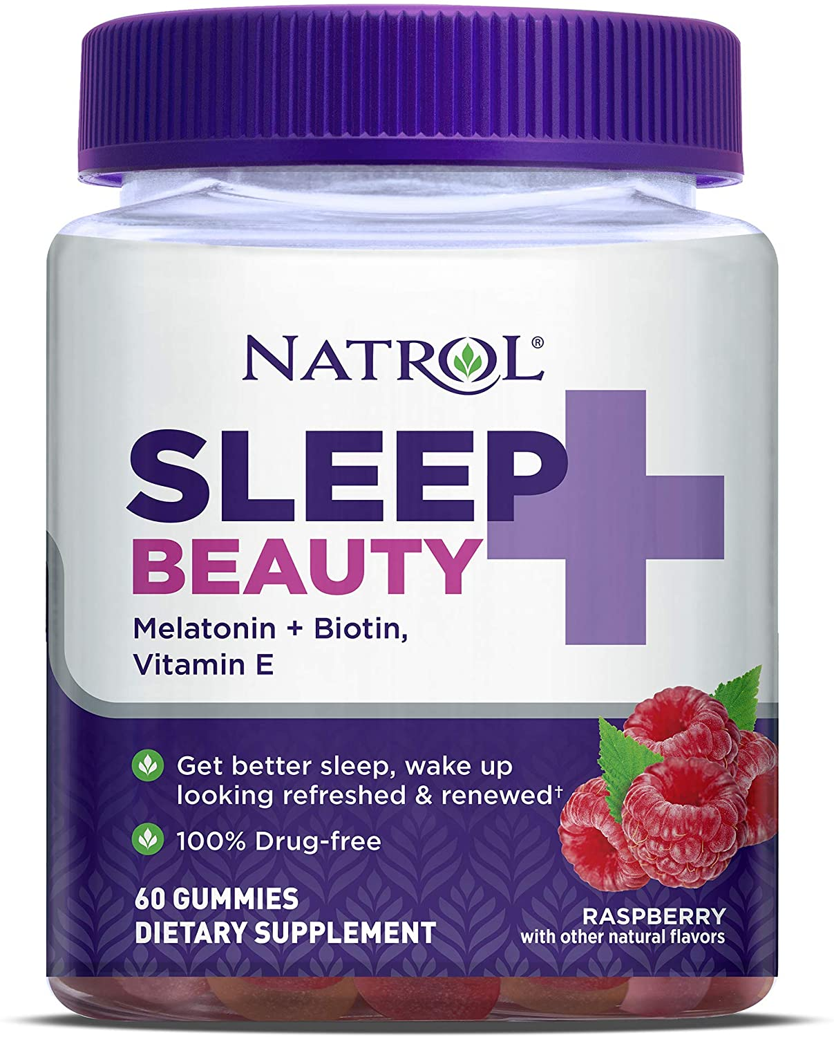 Sleep+ Beauty Melatonin Biotin and Vitamin E 100% Drug Free Gummy Raspberry Flavor Sleep Aid Gummies, 60 Count