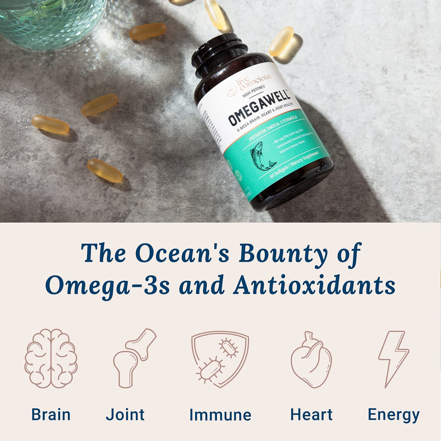 Omegawell Fish Oil: Heart, Brain, and Joint Support | 800 Mg EPA 600 Mg DHA - Lemon Flavor, Enteric-Coated, Sustainably Sourced - Easy to Swallow 30 Day Supply