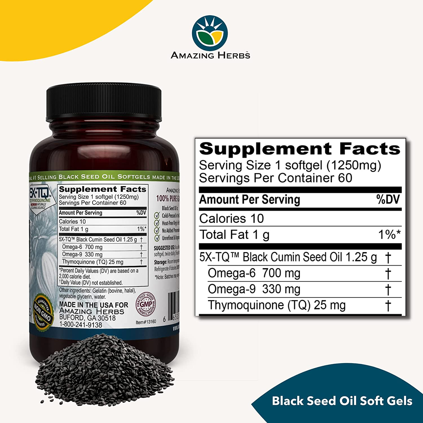 Premium Black Seed Oil Capsules - High Potency, Cold Pressed Nigella Sativa Aids in Digestive Health, Immune Support & Brain Function - 60 Count, 1250Mg