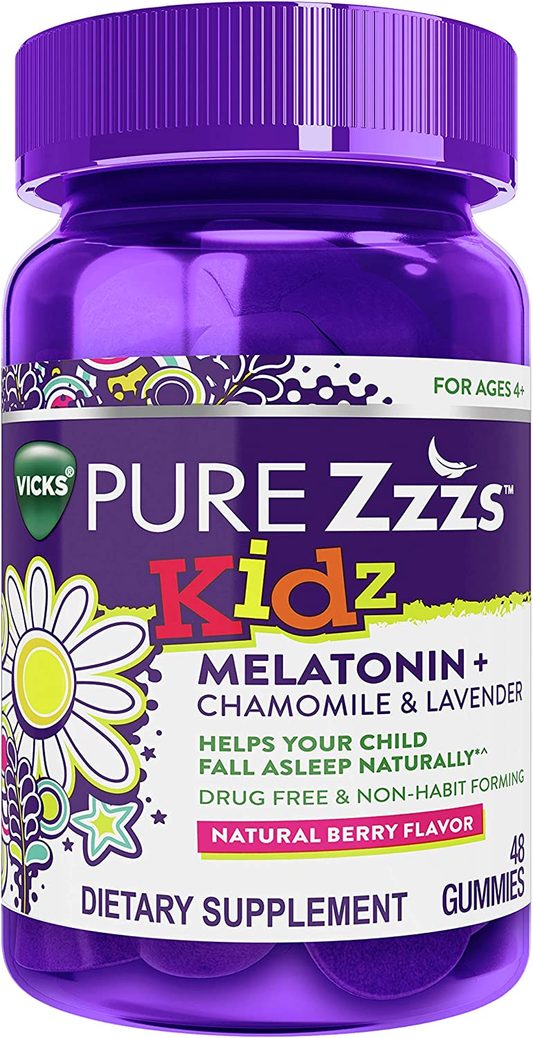 Vicks Pure Kidz, Melatonin Sleep Aid Gummies for Kids and Children, Lavender, Valerian Root and Chamomile, Natural Berry Flavor, 48 Count