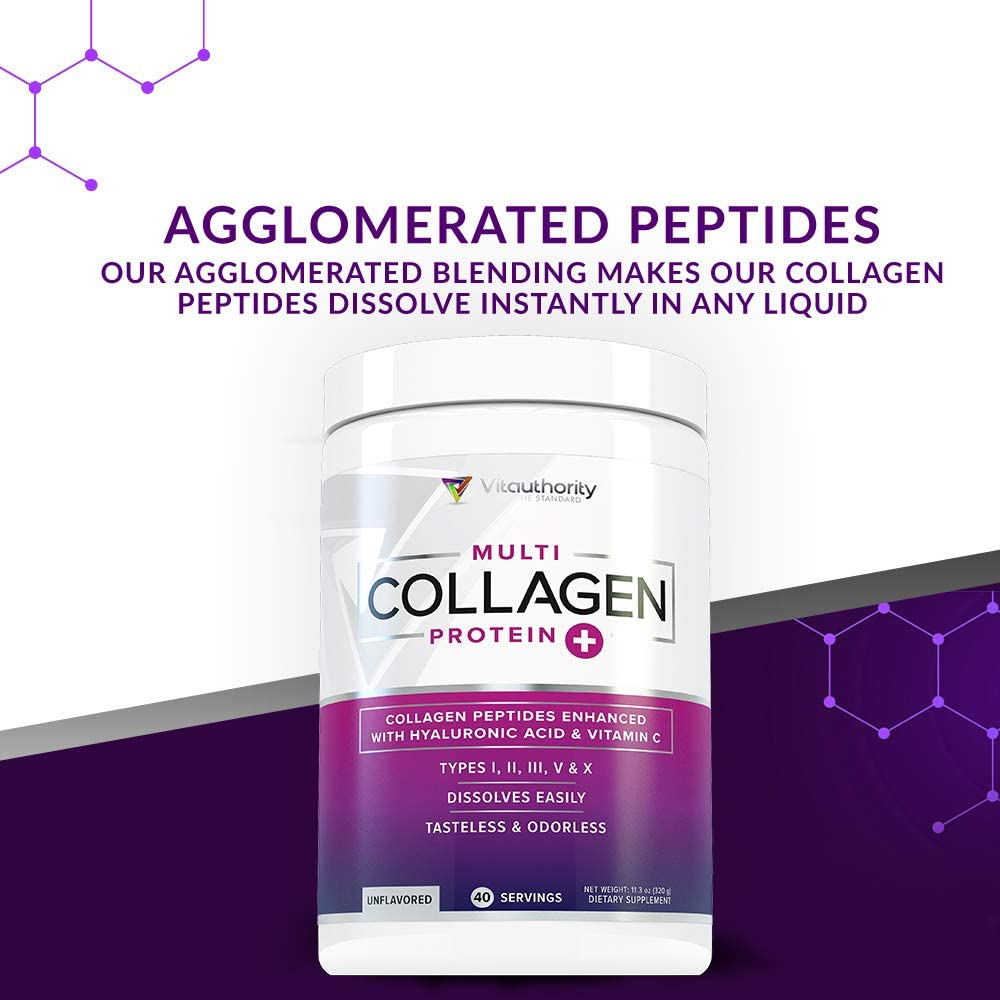 Multi Collagen Peptides plus Hyaluronic Acid and Vitamin C, Hydrolyzed Collagen Protein, Types I, II, III, V and X Collagen, Unflavored