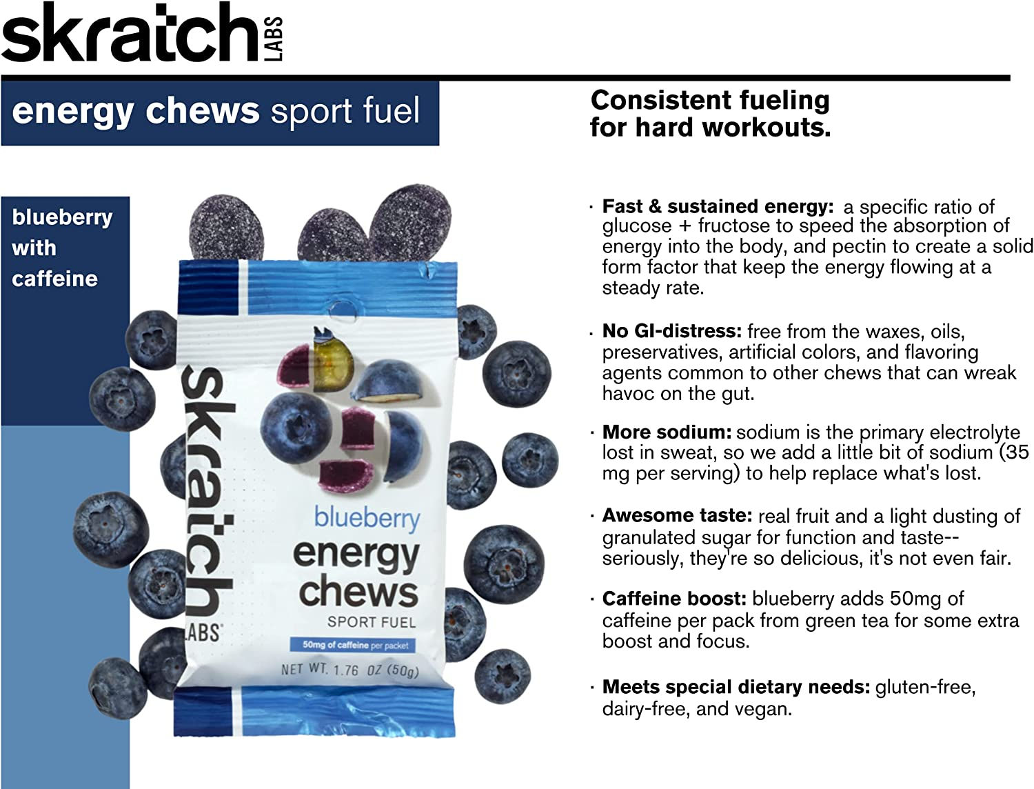 Energy Chews Sport Fuel, Blueberry with Caffeine (10 Pack) - Energy Chews for Exercise, Endurance and Performance - Gluten Free, Dairy Free, Vegan