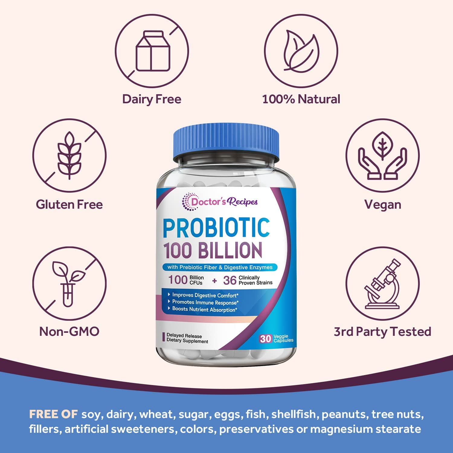 Probiotics for Women & Men, 30 Caps 100 Billion CFU 36 Strains, with Organic Prebiotic Fiber & Enzymes, Digestive Immune Absorption, Shelf Stable, Delayed Release, No Soy Gluten Dairy