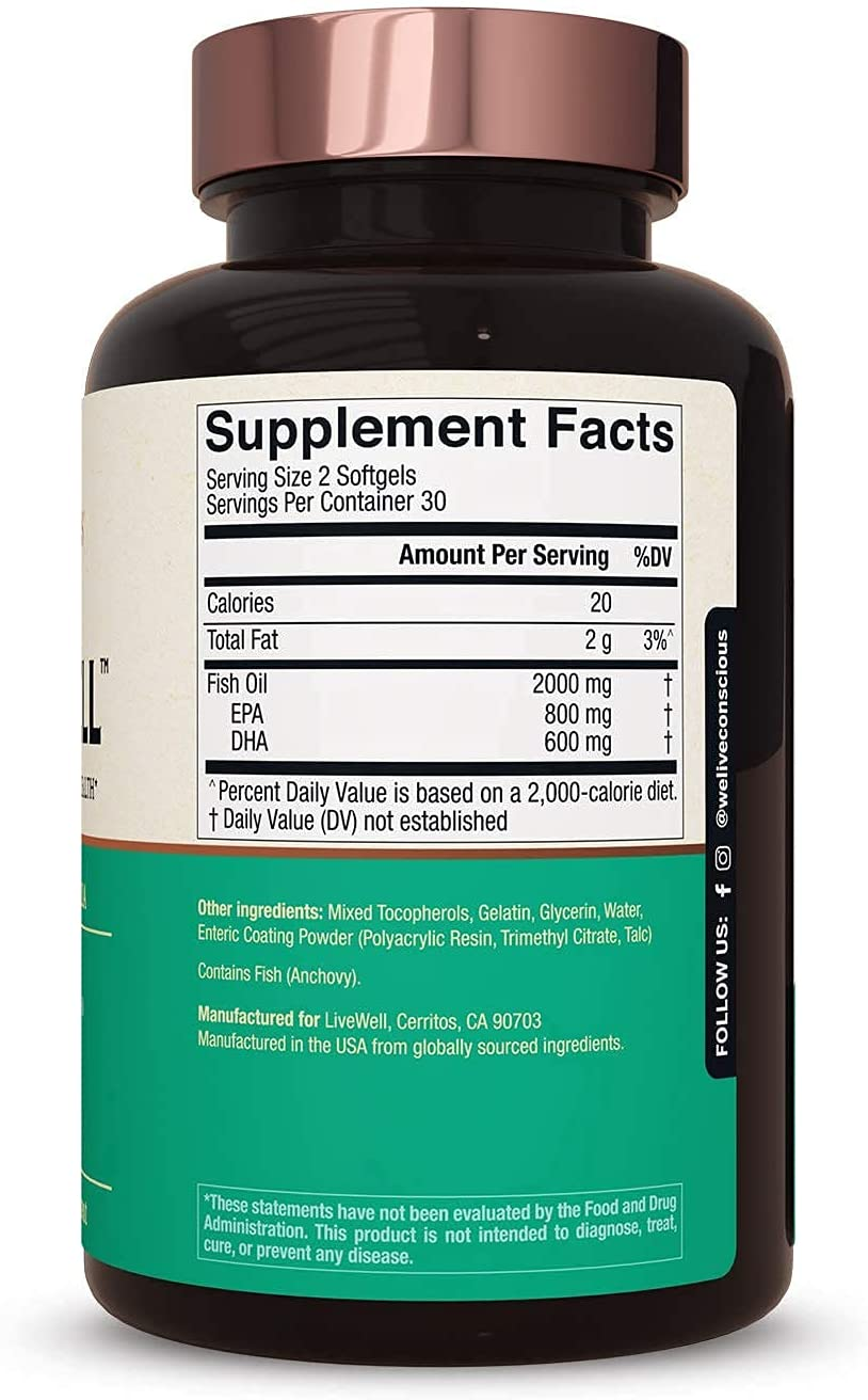 Omegawell Fish Oil: Heart, Brain, and Joint Support | 800 Mg EPA 600 Mg DHA - Lemon Flavor, Enteric-Coated, Sustainably Sourced - Easy to Swallow 30 Day Supply