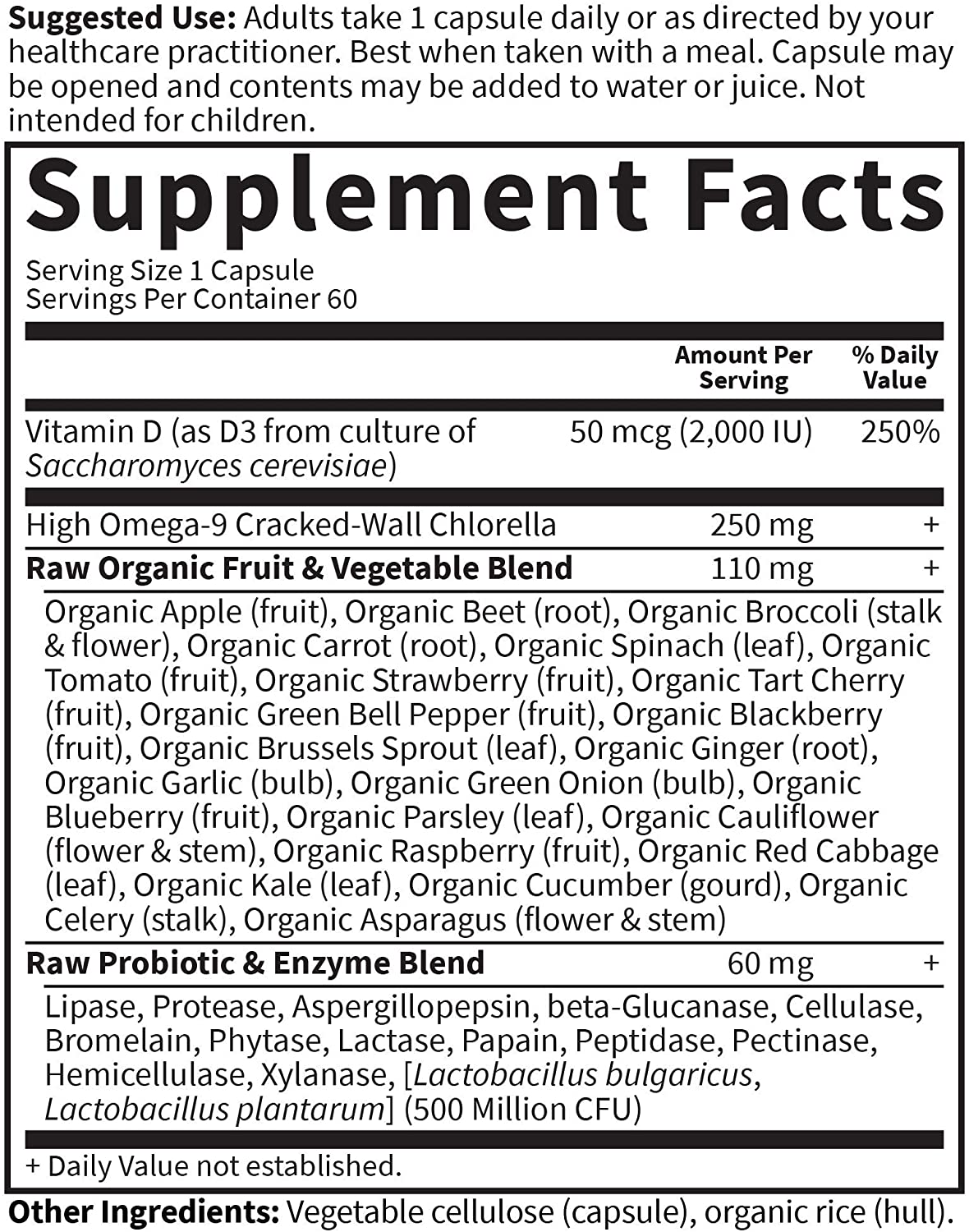 Vitamin D, Vitamin Code Raw D3, Vitamin D 2,000 IU, Raw Whole Food Vitamin D Supplements with Chlorella, Fruit, Veggies & Probiotics for Bone & Immune Health, 60 Vegetarian Capsules