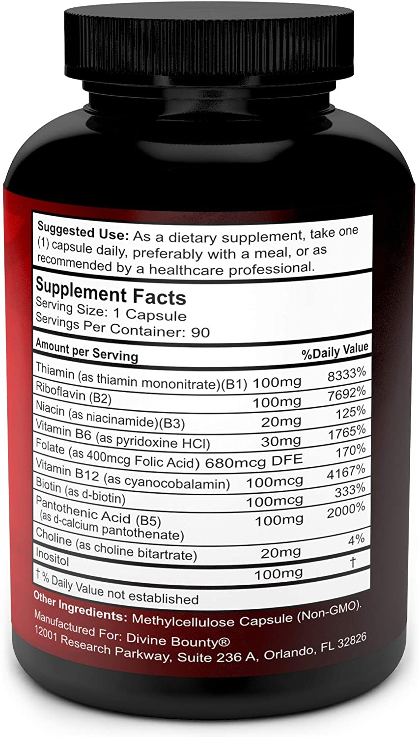 Super B Complex Vitamins - All B Vitamins Including B12, B1, B2, B3, B5, B6, B7, B9, Folic Acid - Vitamin B Supplement - Support Healthy Energy Metabolism - 90 Vegetarian Capsules