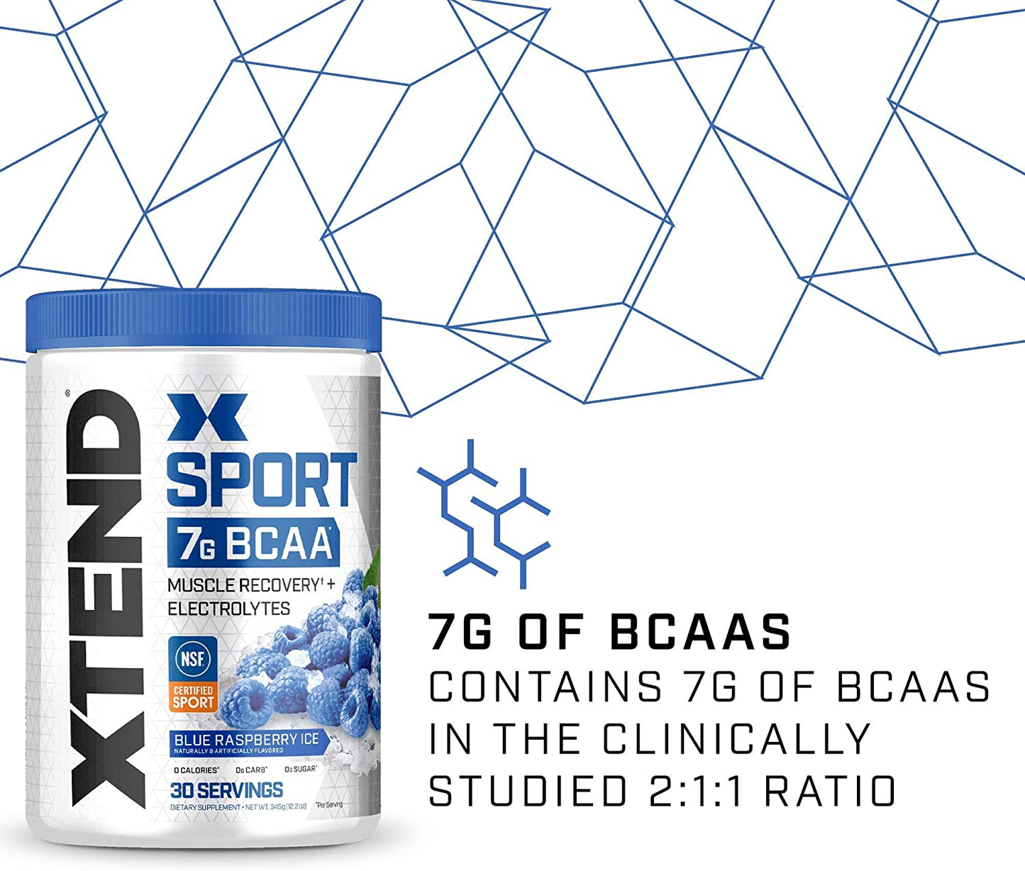 XTEND Sport BCAA Powder Blue Raspberry Ice - Electrolyte Powder for Recovery & Hydration with Amino Acids - 30 Servings