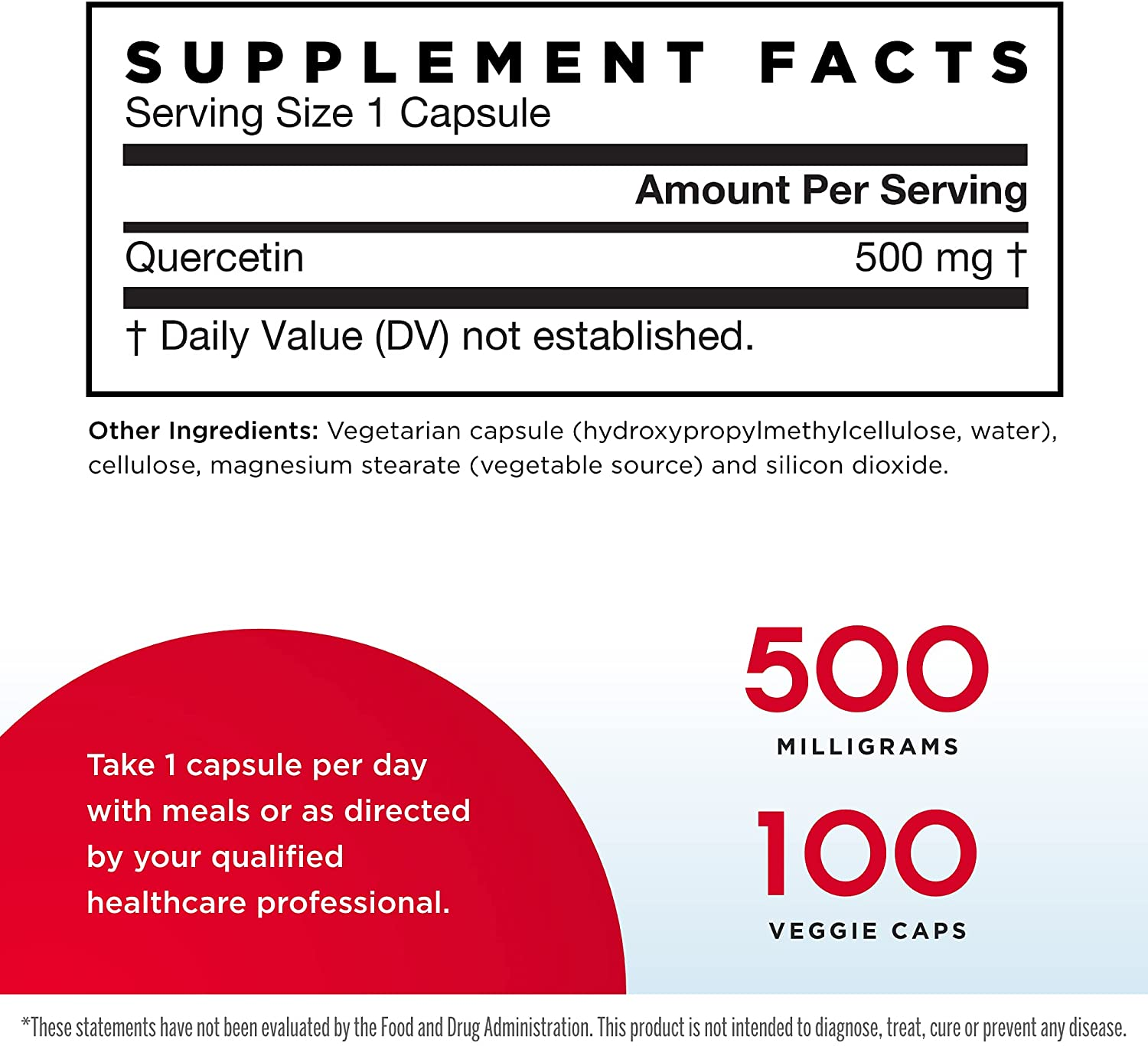 Quercetin 500 Mg, Supports Antioxidant Status, Cardiovascular & Immune Health, 100 Count