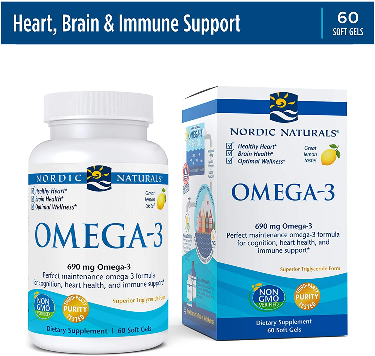 Omega-3, Lemon Flavor - 690 Mg Omega-3-60 Soft Gels - Fish Oil - EPA & DHA - Immune Support, Brain & Heart Health, Optimal Wellness - Non-Gmo - 30 Servings