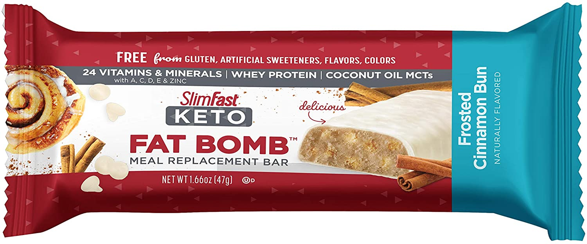 Keto Fat Bomb Meal Replacement Whey Protein Bar, Frosted Cinnamon Bun, Low Carb with 7G Protein, 5 Count Box