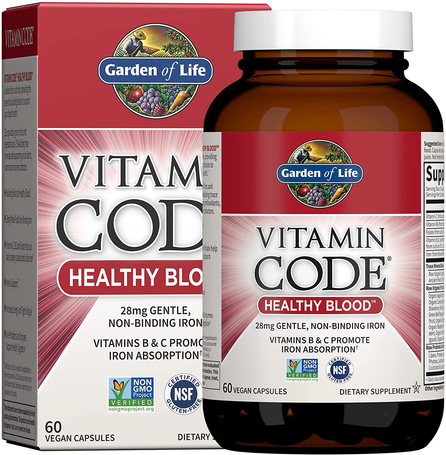 Vitamin Code Iron Supplement, Healthy Blood - 60 Vegan Capsules, 28G Iron, Vitamins B, C, Trace Minerals, Fruit Veggies, Probiotics - Iron Supplements for Women Energy, Anemia Support