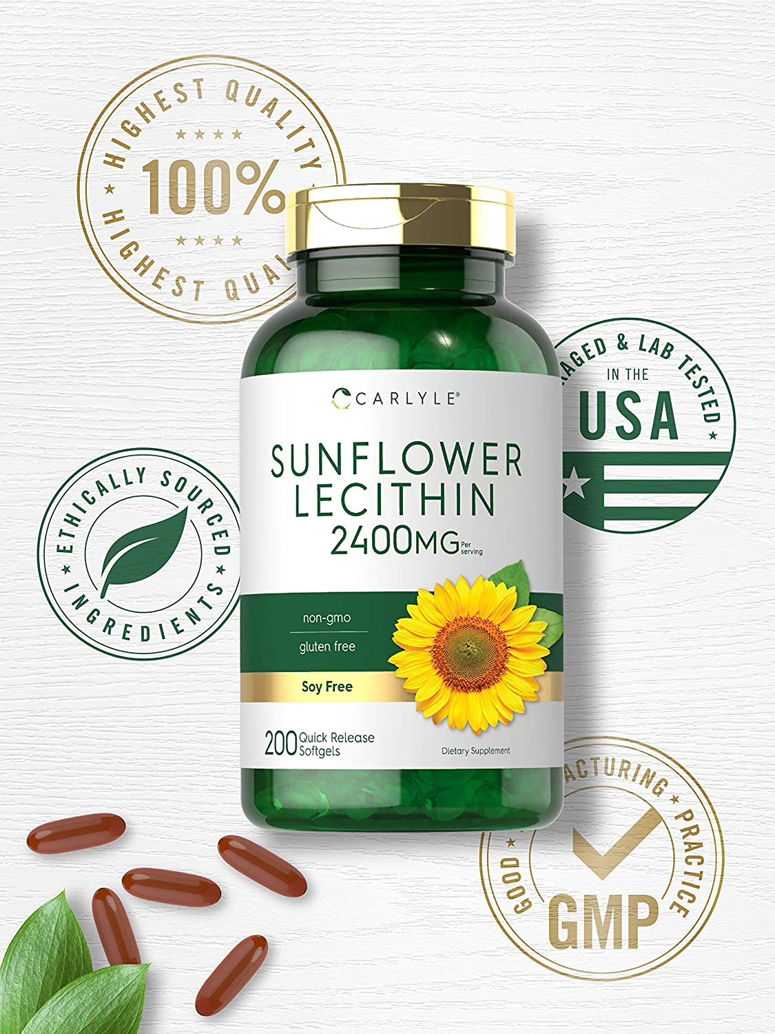 Sunflower Lecithin 2400Mg | 200 Softgel Capsules | Rich in Phosphatidyl Choline | Non-Gmo, Soy Free, Gluten Free Supplement | by