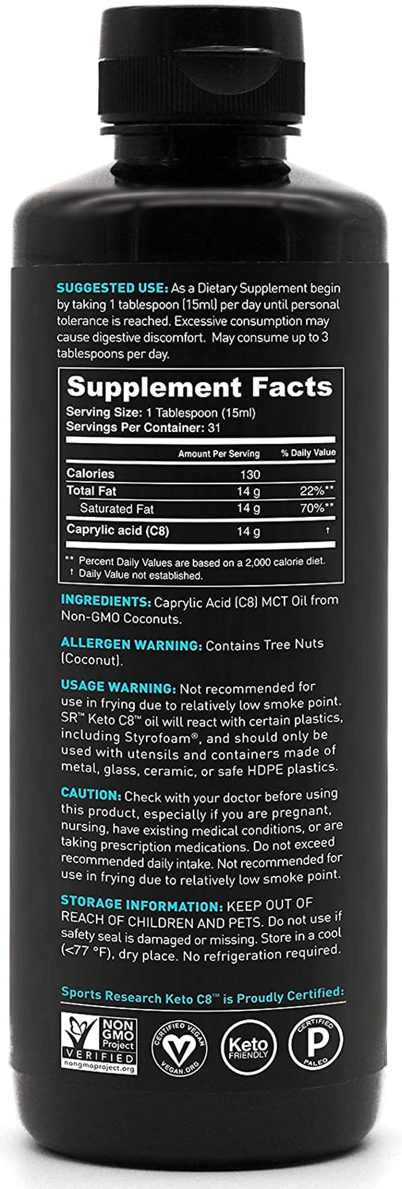 Keto MCT Oil from Organic Coconuts - Fatty Acid Fuel for Body + Brain - Single Ingredient C8 Caprylic Acid - Perfect in Coffee, Tea, & More - Non-Gmo & Vegan - Unflavored (16 Oz)