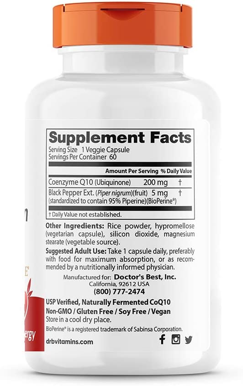 High Absorption Coq10 with Bioperine Gluten Free Naturally Fermented Vegan, Heart Health and Energy Production 200 Mg 60 Veggie Caps, White