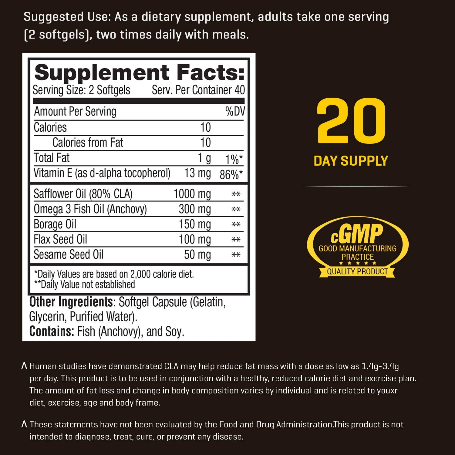 Ab Cuts CLA Belly Fat Formula - 80 Easy-To-Swallow Softgels - Omega 3 Fish Oil, Flaxseed Oil and Vitamin E - Helps Increase Antioxidant Supply and Healthy Body Composition