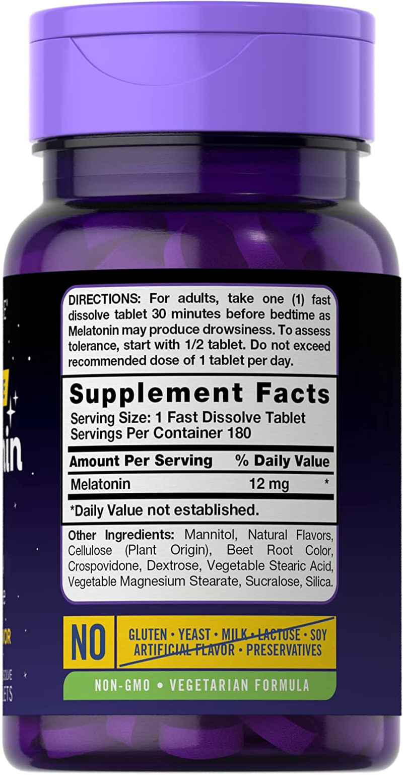 Melatonin 12 Mg Fast Dissolve 180 Tablets | Drug Free | Natural Berry Flavor | Vegetarian, Non-Gmo, Gluten Free