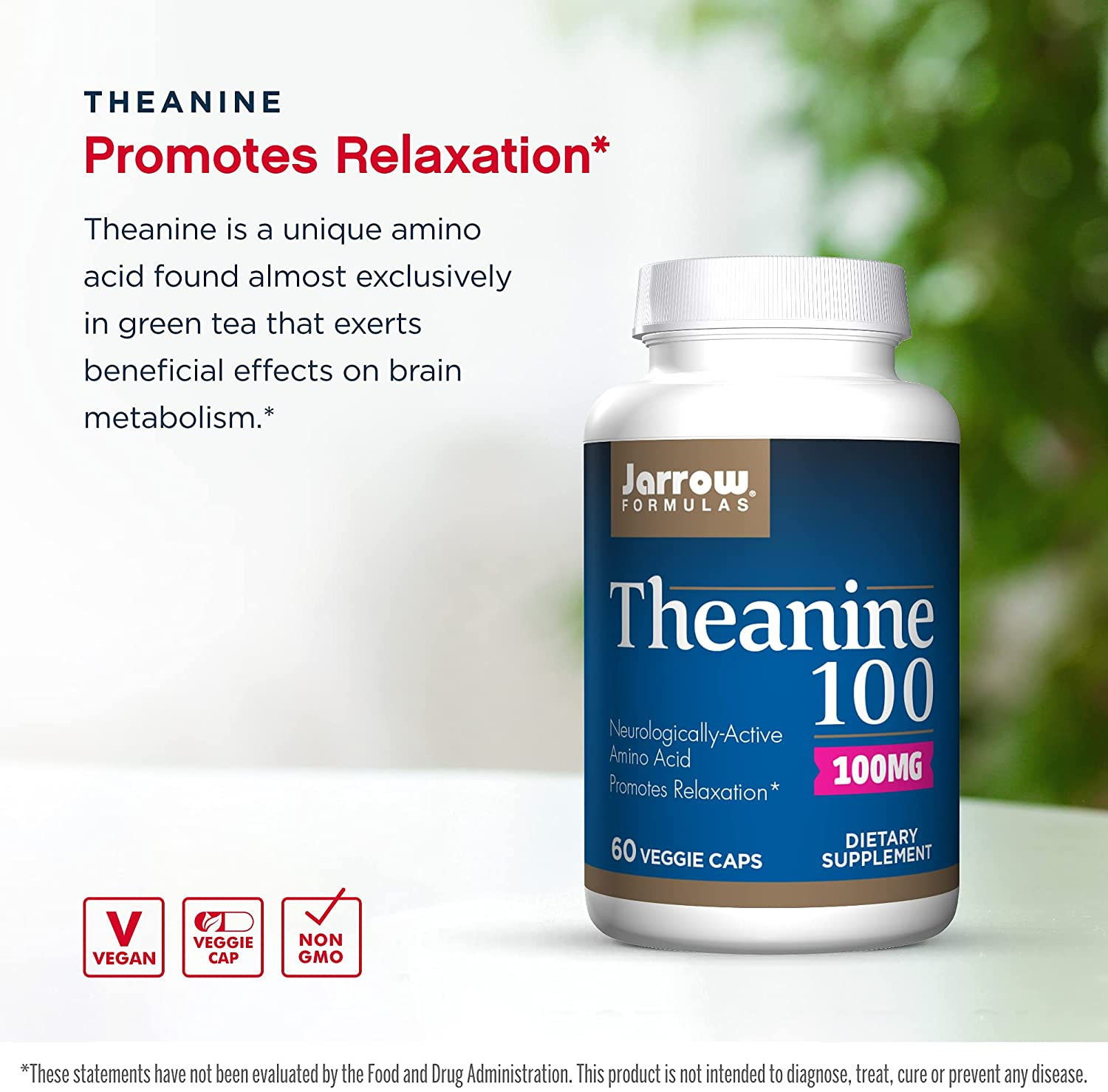 Theanine 100 Mg - 60 Veggie Caps - Neurologically Active Amino Acid - Found in Green Tea - Promotes Relaxation - up to 60 Servings