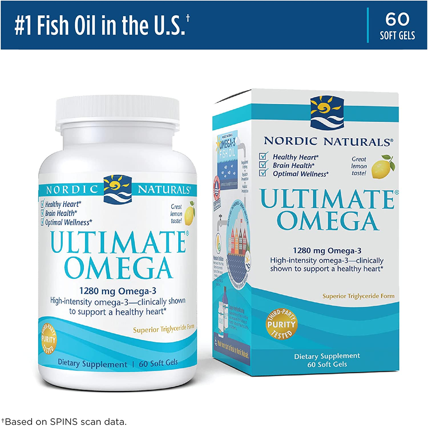 Ultimate Omega, Lemon Flavor - 1280 Mg Omega-3-60 Soft Gels - High-Potency Omega-3 Fish Oil Supplement with EPA & DHA - Promotes Brain & Heart Health - Non-Gmo - 30 Servings